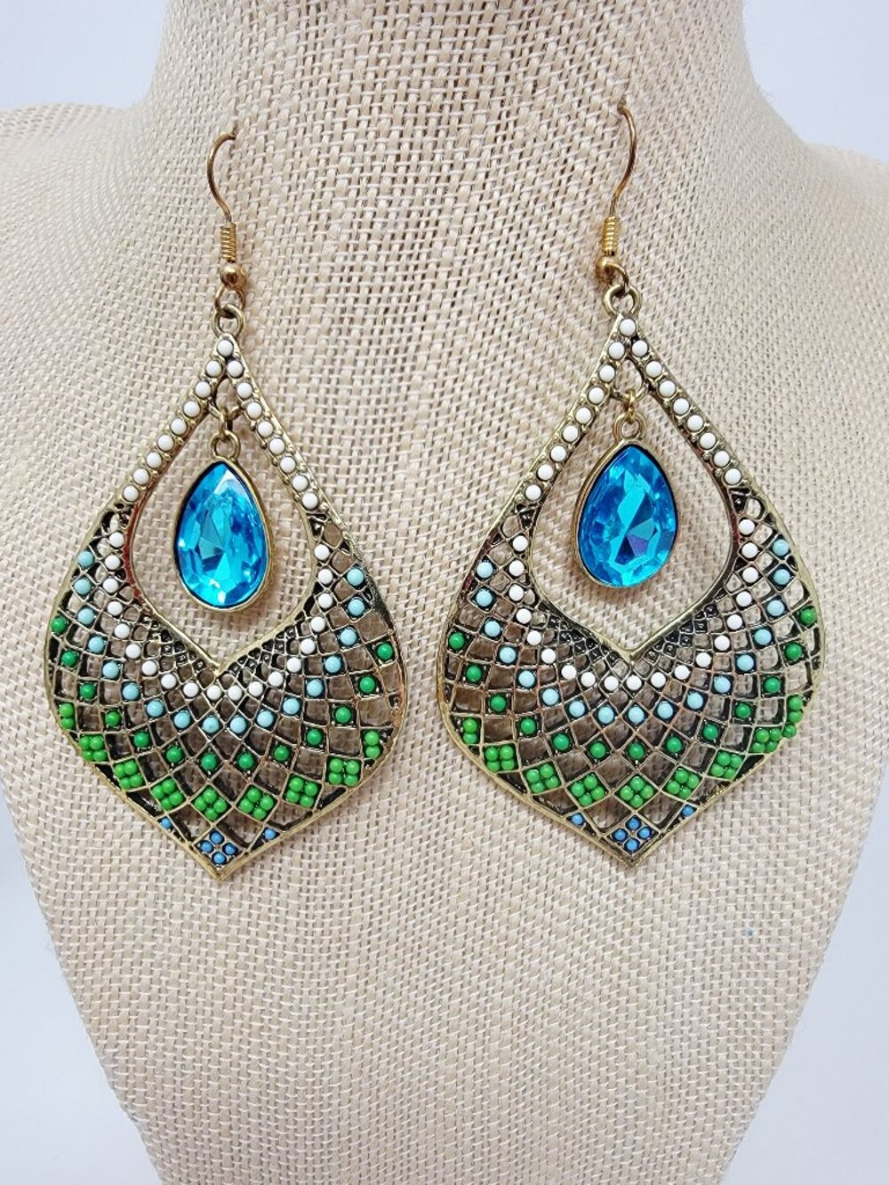 #20 Large Boho Statement Dangle Earrings Blue Teardrop Beaded Openwork Gold Tone